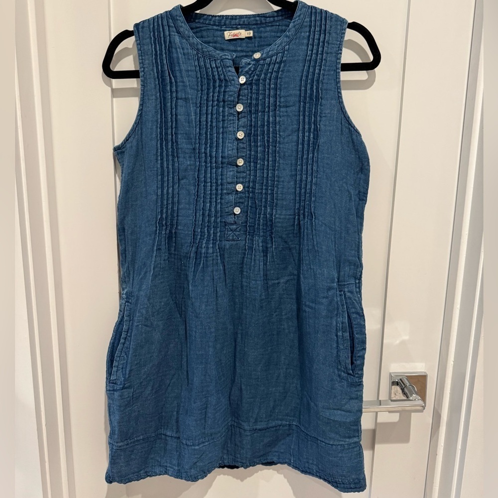 Faherty Isha Basketweave Dress Sleeveless 100% Linen Indigo Blue Womens S U bin - Picture 9 of 15